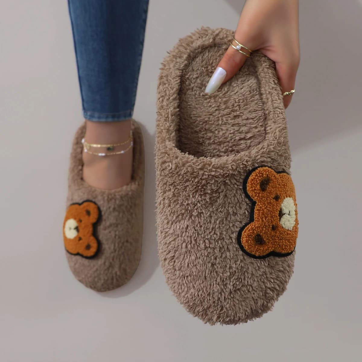 Cute Cartoon Embroidered Bear Plush Silent Soft-Soled Women's Home Slippers Floor Socks