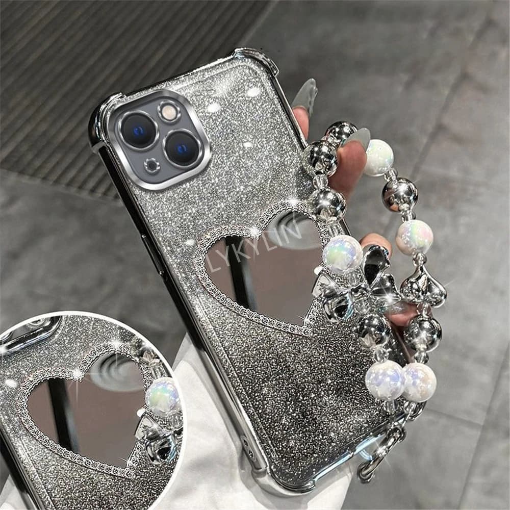 Custodia per telefono antiurto con braccialetto di perline per Samsung S25 S24 S23 S22 S21 S20 FE Nota 20 Ultra Plus Cover in silicone con specchio a cuore glitterato