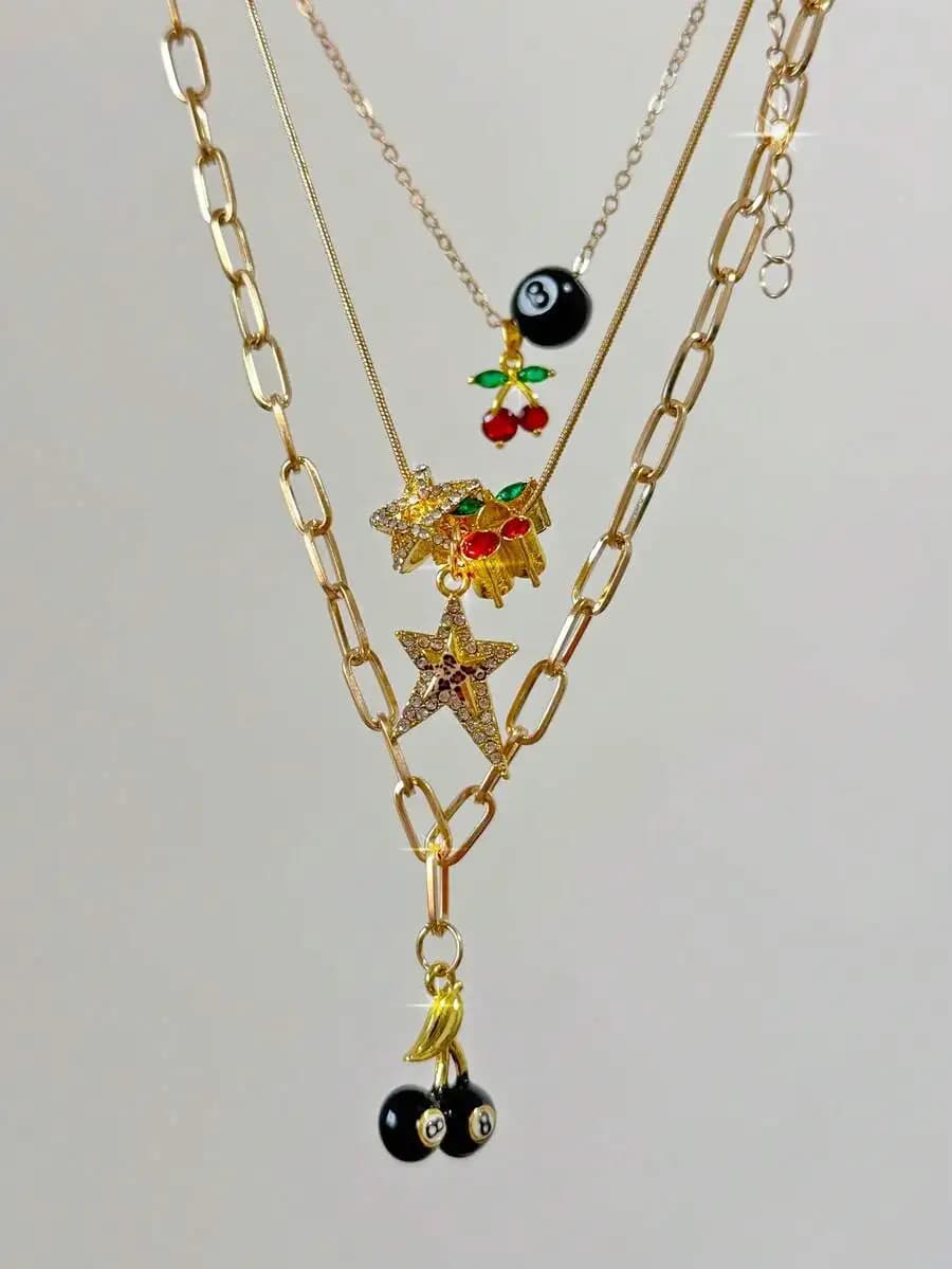 Set di 3 collane a strati con ciondoli a forma di leopardo, ciliegia, palla da biliardo, dado e stella per uno stile trendy quotidiano