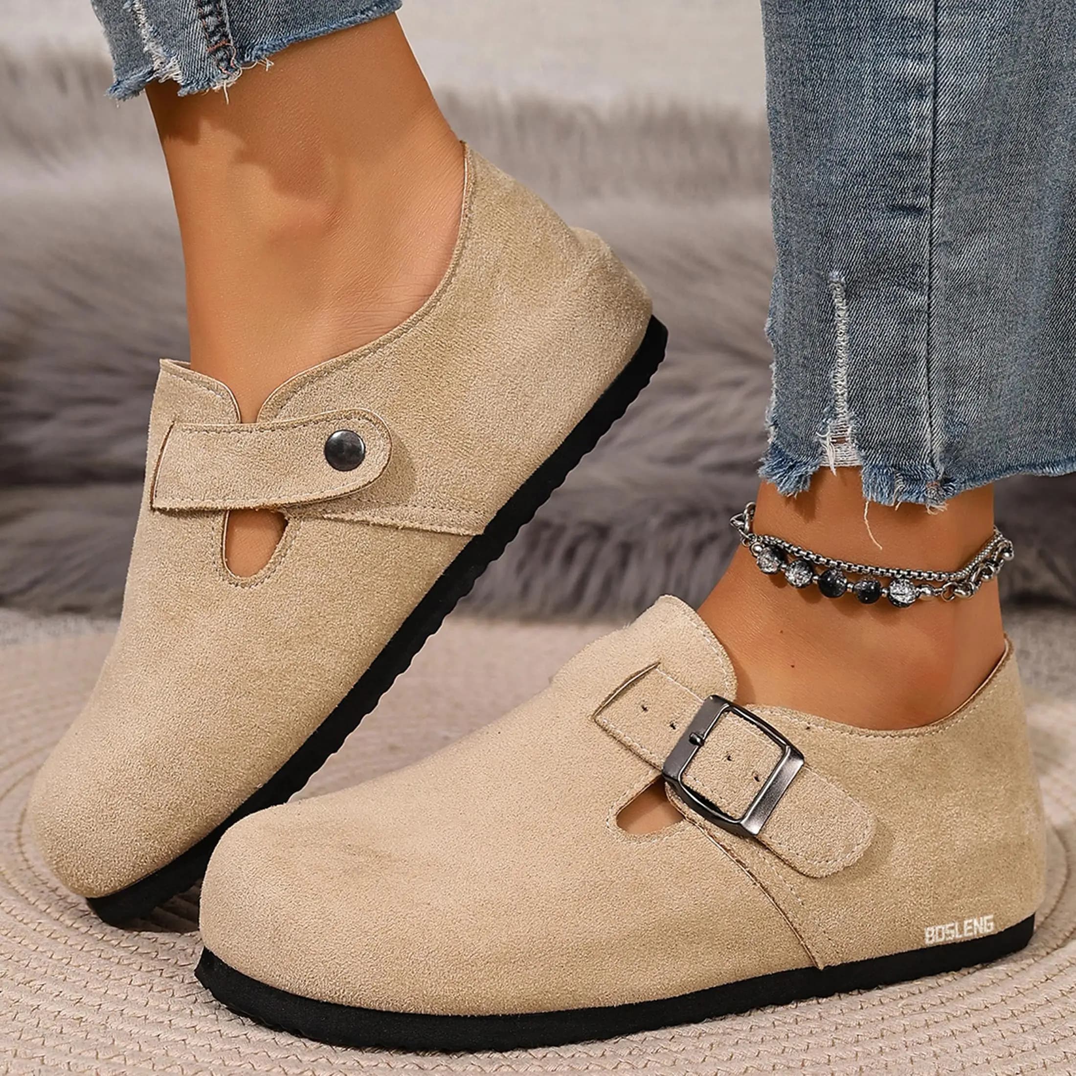 Comfortable Suede Loafers for Women Buckle Decor Slip-On Flat Heel for Leisure Indoor Outdoor Shoes Springfresh