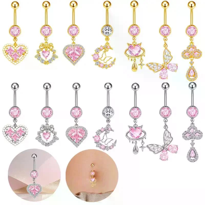 Anello da ombelico a forma di cuore alla moda, piercing da donna, in acciaio inossidabile rosa, con farfalla, gioielli per piercing al corpo