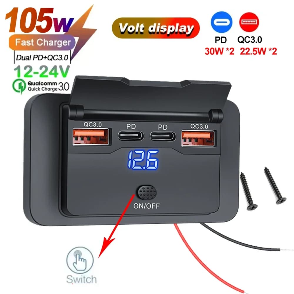 Car Charger Socket Adapter with Switch 2/4 Ports 12V 24V PD QC3.0 Charging Splitter Outlet for Bus RV ATV Truck Boat