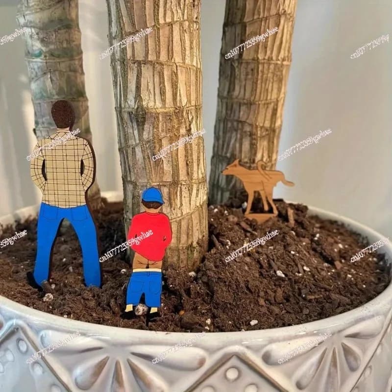 Mini Vaso in Legno con Decorazione Padre-Figlio-Cane, Nuova Divertente Decorazione per Vaso di Fiori da Giardino