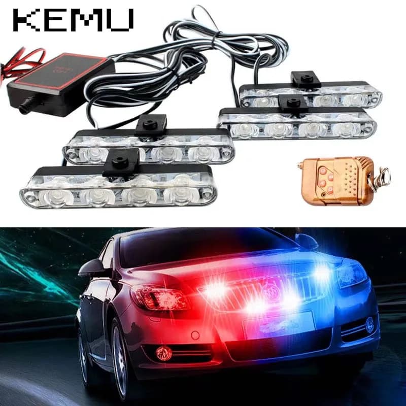 Luci stroboscopiche della polizia della griglia anteriore dell'auto 4 in 1 Lampada di emergenza di avvertimento flash rosso blu con telecomando wireless per camion Van