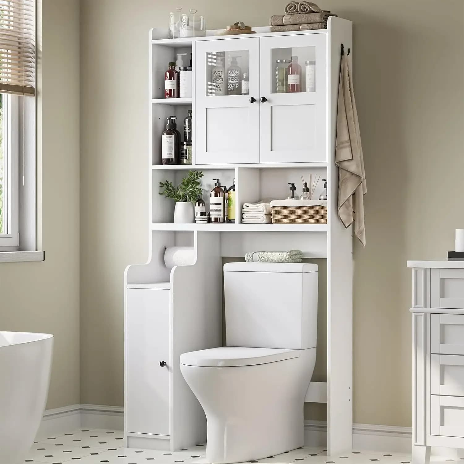 Over The Toilet Storage Cabinet, Over Toilet Bathroom Organizer with Glass Doors & Toilet Paper Holder Stand, Home Space-Saving