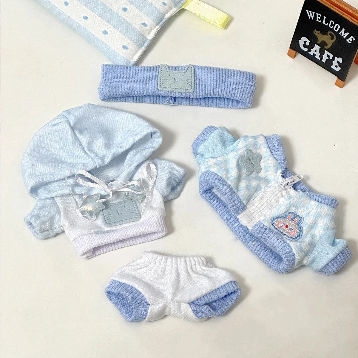 17cm Party Doll Clothes SetLight Blue Cat Hoodie Bunny Zip Jacket Shorts Headband Cute Animal Embroidery Outfit Accessories