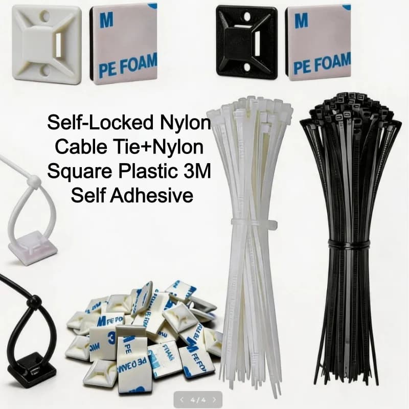 100/200/400pcs Self-Locked Nylon Cable Tie+Nylon Square Plastic 3M Self Adhesive Wire Zip Fixed Seat Holder Cable Tie Mount Base