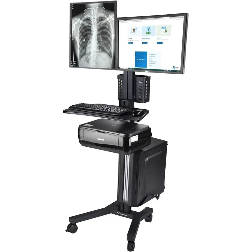 Adjustable Medical Cart for Double Monitor with Rotating Support, Tasting Tray, CPU and Printer for Hospitals, Clinics or Schools - B