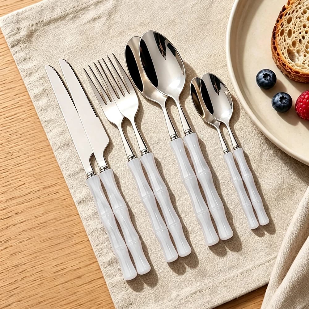 8Pcs Acrylic Bamboo Handle Dinnerware Set Wooden Handle Knife Fork Spoon Flatware Set Stainless Steel Cutlery Kitchen Tableware