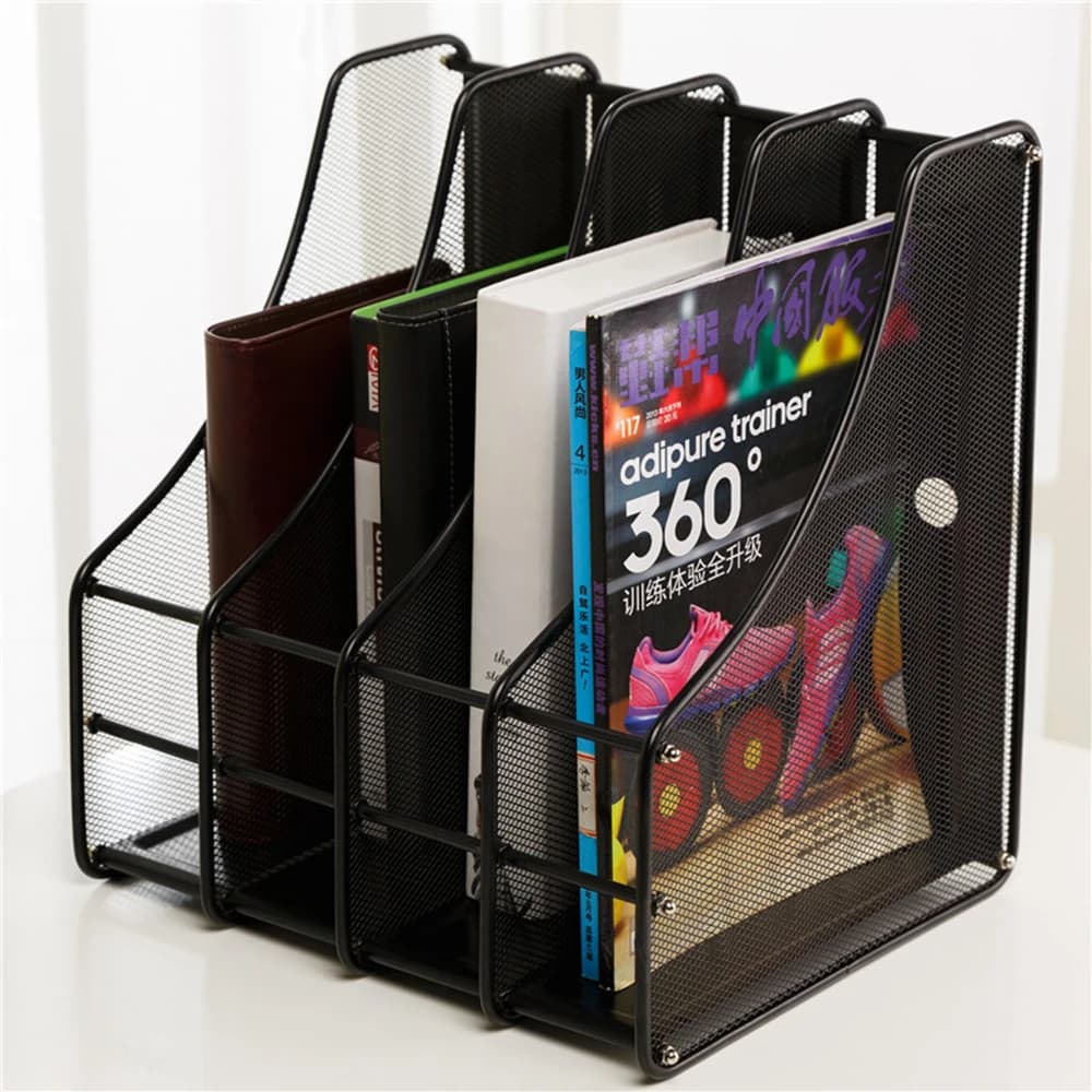 Cestino da tavolo in rete metallica Riprendi supporti per cartelle di file Organizzatore di archiviazione per display di documenti per riviste staccabile con 4 scomparti