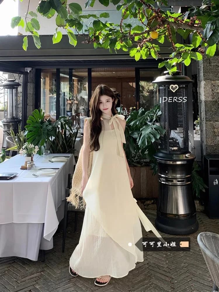 Summer 2026 Fashionable Loose Sleeveless Asymmetrical Neckline Dress Chic Long Women's Clothing Korean Style Casual A-Line Skirt