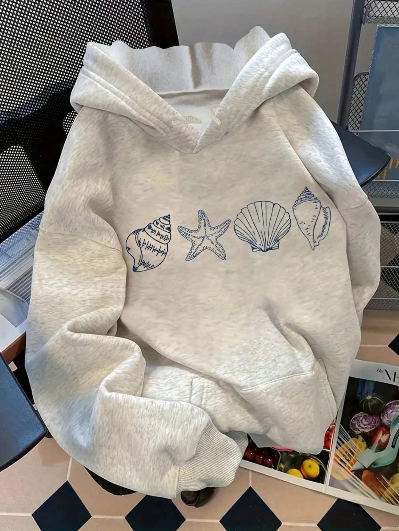 2025 Autunno/Inverno da donna con conchiglia nautica grigia e stampa stelle marine Felpa con cappuccio Pullover Shell Logo Abbigliamento casual morbido Abbigliamento autunnale invernale