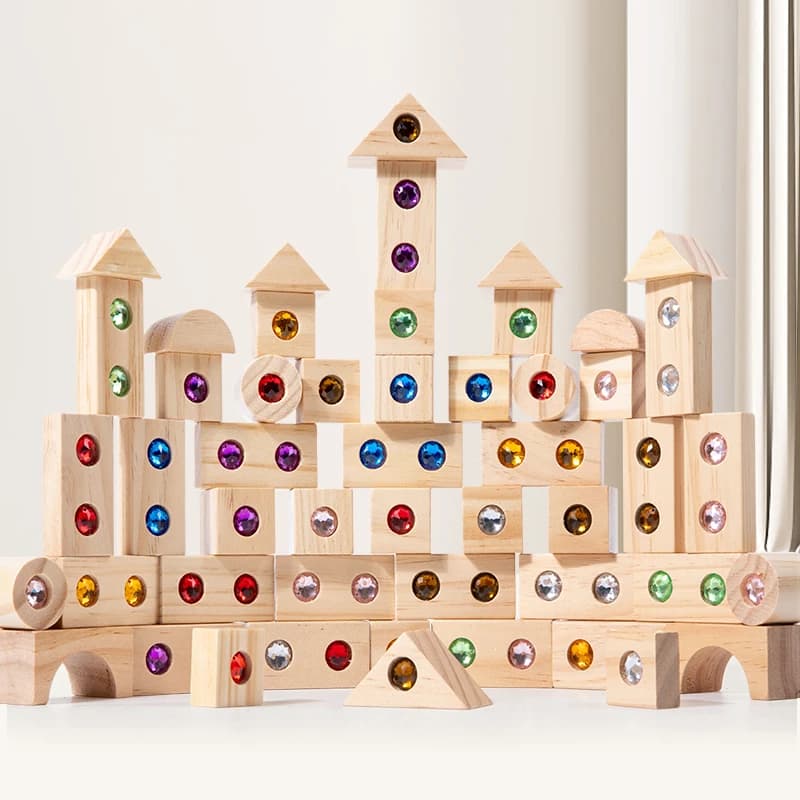 Blocchi fai-da-te in legno per bambini Giocattolo acrilico scintillante Montessori Arcobaleno Gemma Blocchi impilabili Giocattoli creativi educativi in legno colorati