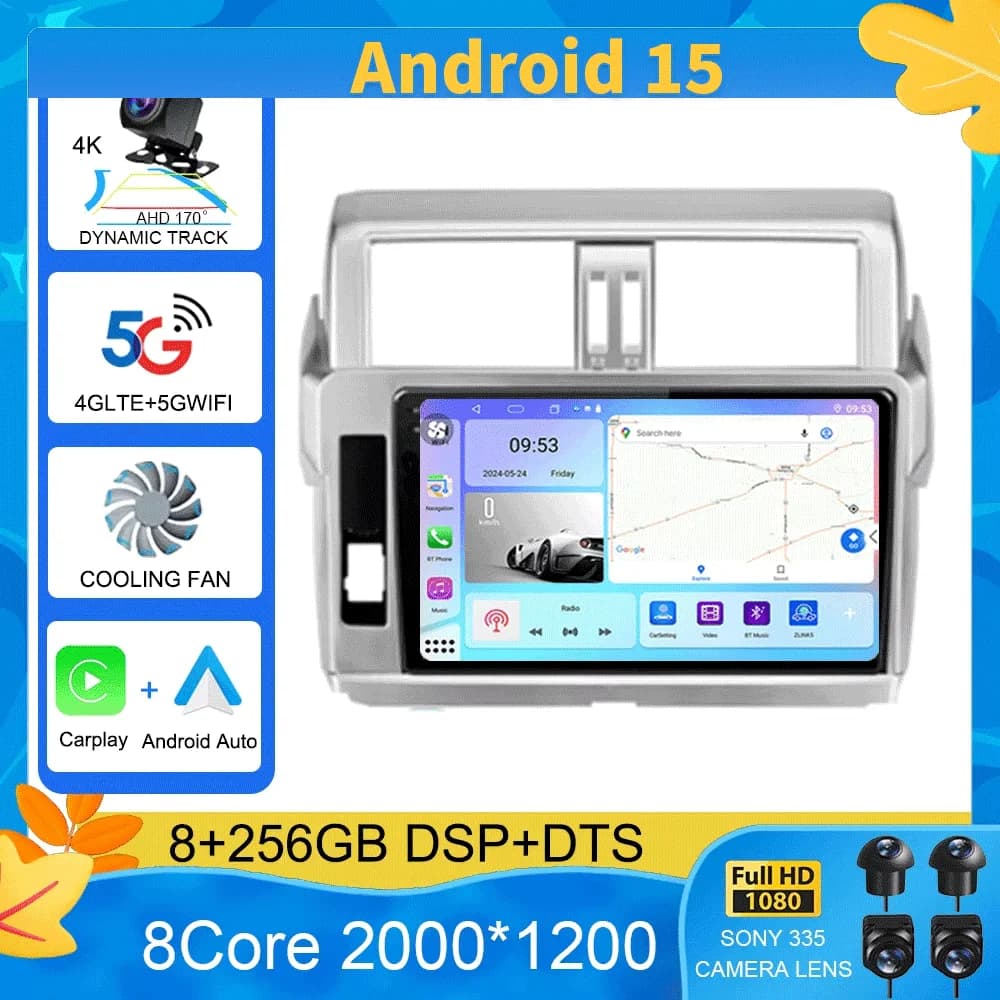 For Toyota Land Cruiser Prado 150 2013 2014 2015 2016 2017 Android 15 GPS Car Radio Video Player Multimedia Headunit DVD 4G lte
