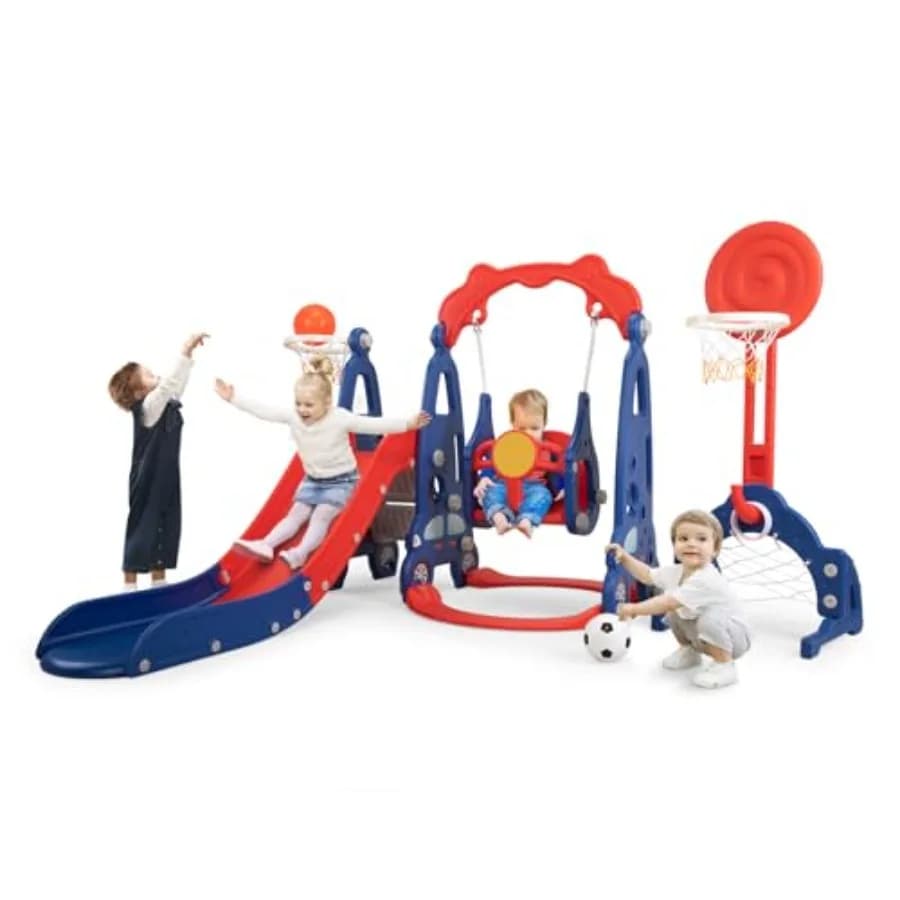 Set Giochi 5 in 1 per Bambini con Scivolo e Altalena, Parco Giochi per Interni ed Esterni con Canestro da Basket e Scivolo Lungo, Blu, Set Scivoli da Giardino