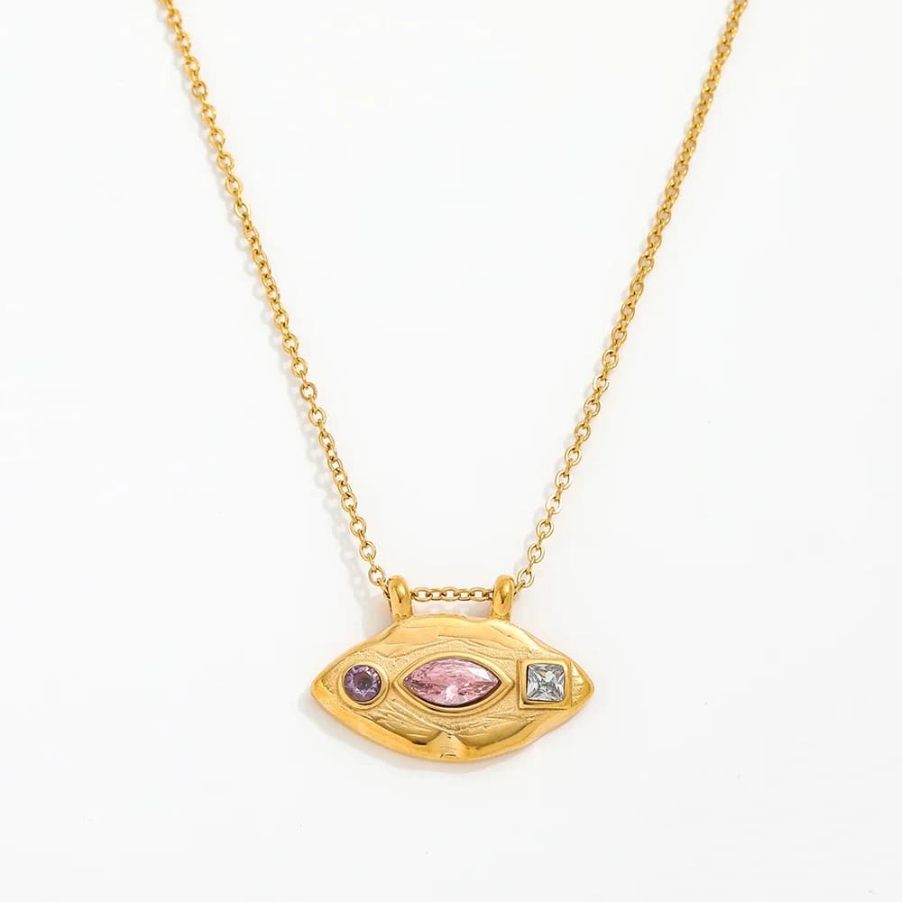 Jewelry Wholesale Fashion Dainty Purple Round Clear Square Pink Eye Lip-shaped Pendant Stainless Steel Necklace for Women