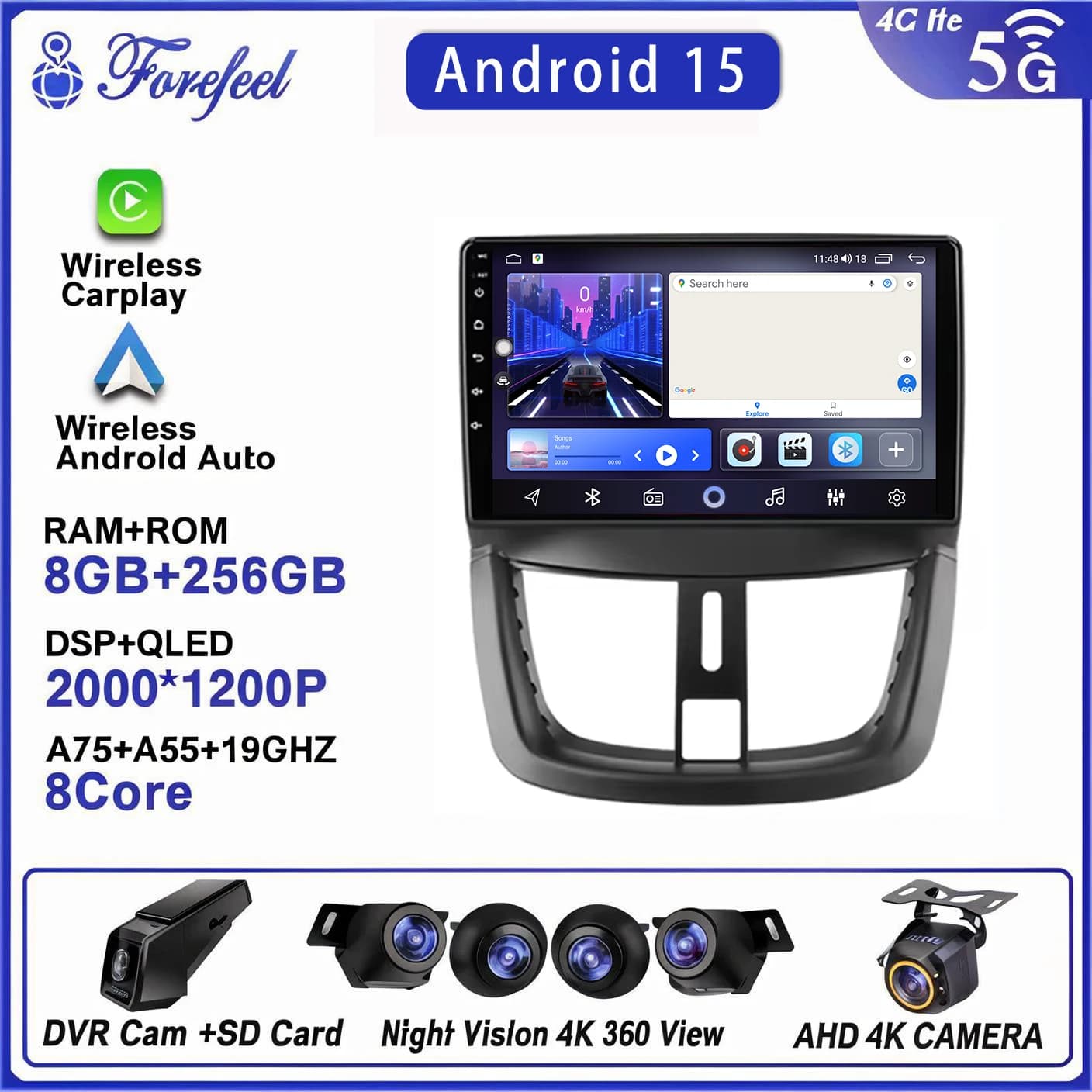 Autoradio Android 16 2K per Peugeot 207 207cc 2006-2015 con Navigatore GPS, Lettore DVD, Dash Cam HDR e Carplay Wireless