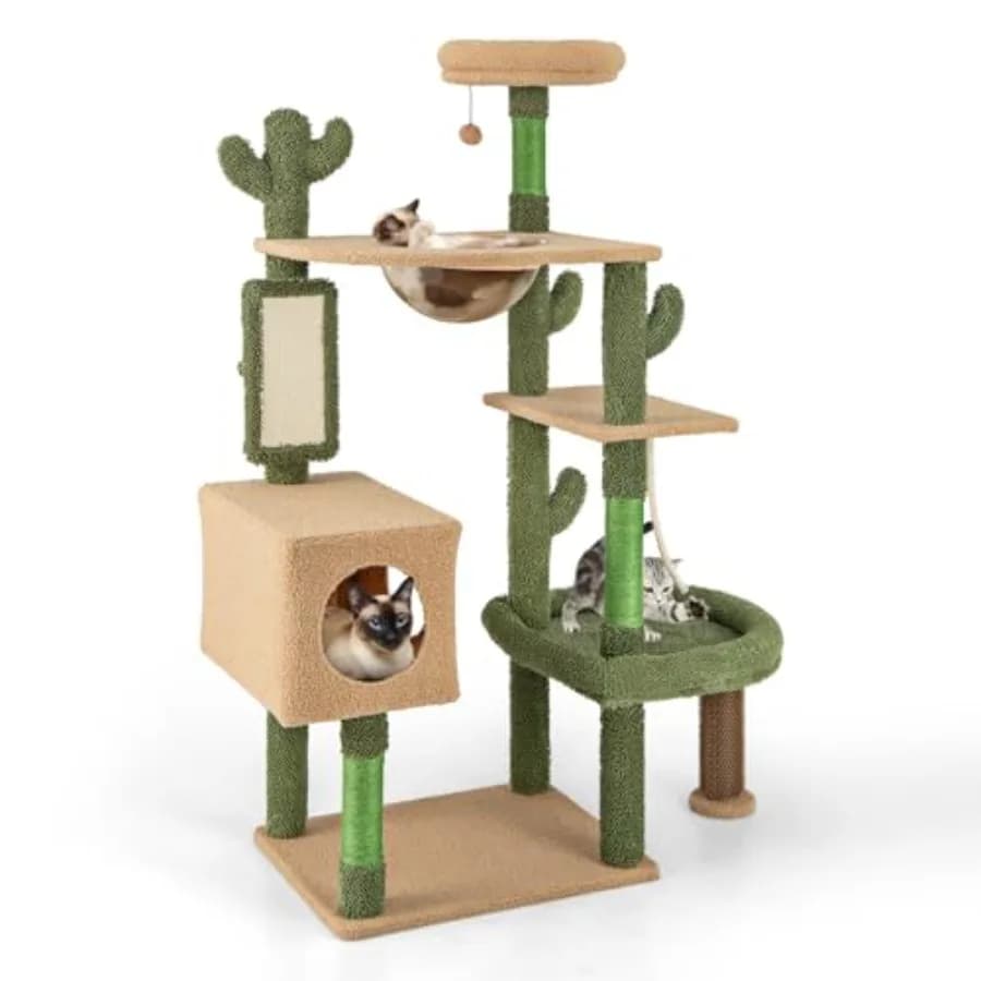 Cactus Cat Tree - Torre per Gatti Alta con Tiragraffi in Sisal, Cuccia, Postazione Rilassante, Capsula Spaziale, Letto Grande, Auto-Pulitore, Palla in Corda, Verde