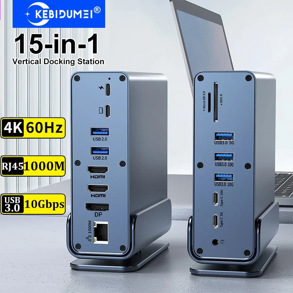Docking station verticale 15 in 1 con triplo monitor USB C HUB 4K60Hz, RJ45 1000M, USB 3.0, PD100W, SD/TF, audio 3.5 per MacBook