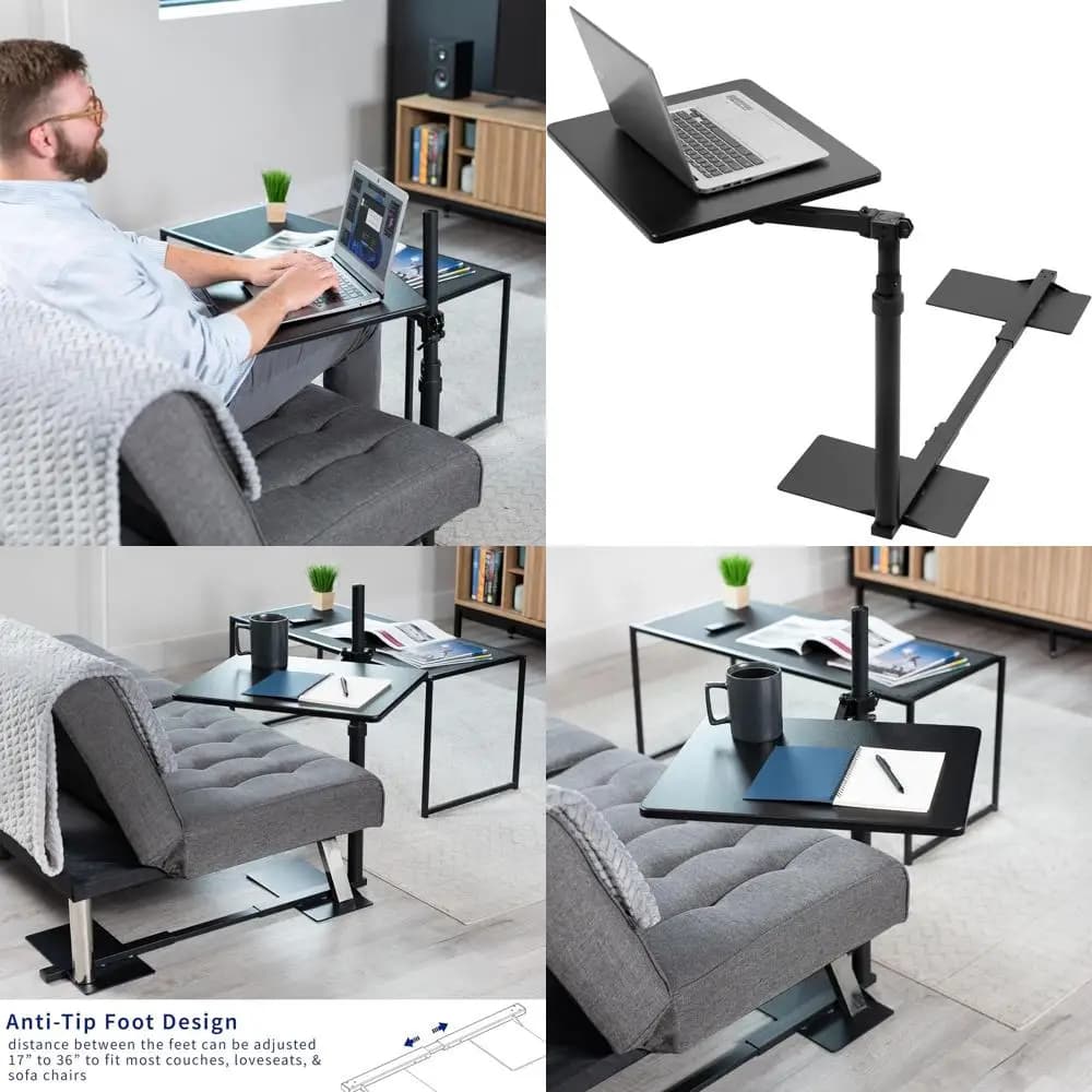 20 Inch Swivel Couch Table, Laptop Desk for Remote Work, Portable Recliner Workstation with Adjustable Height Swing Arm, Black
