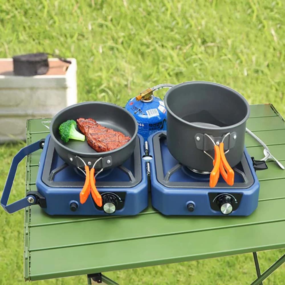 Griglia per barbecue all'aperto Doppio bruciatore a gas pieghevole Doppia potenza 2300 W portatile per escursioni in campeggio, pesca