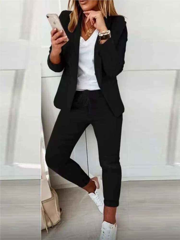 2024 Spring Autumn Blazer Pants Sets Women Fashion Solid Casual Blazers Coat & Elastic Waist Office Lady Trousers Set-no Belt