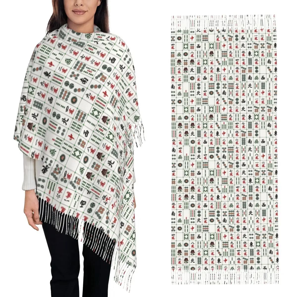 Sciarpa con motivo piastrella Mahjong Sciarpe con nappe Scialli e scialli morbidi e caldi da donna Scialle lungo autunno inverno