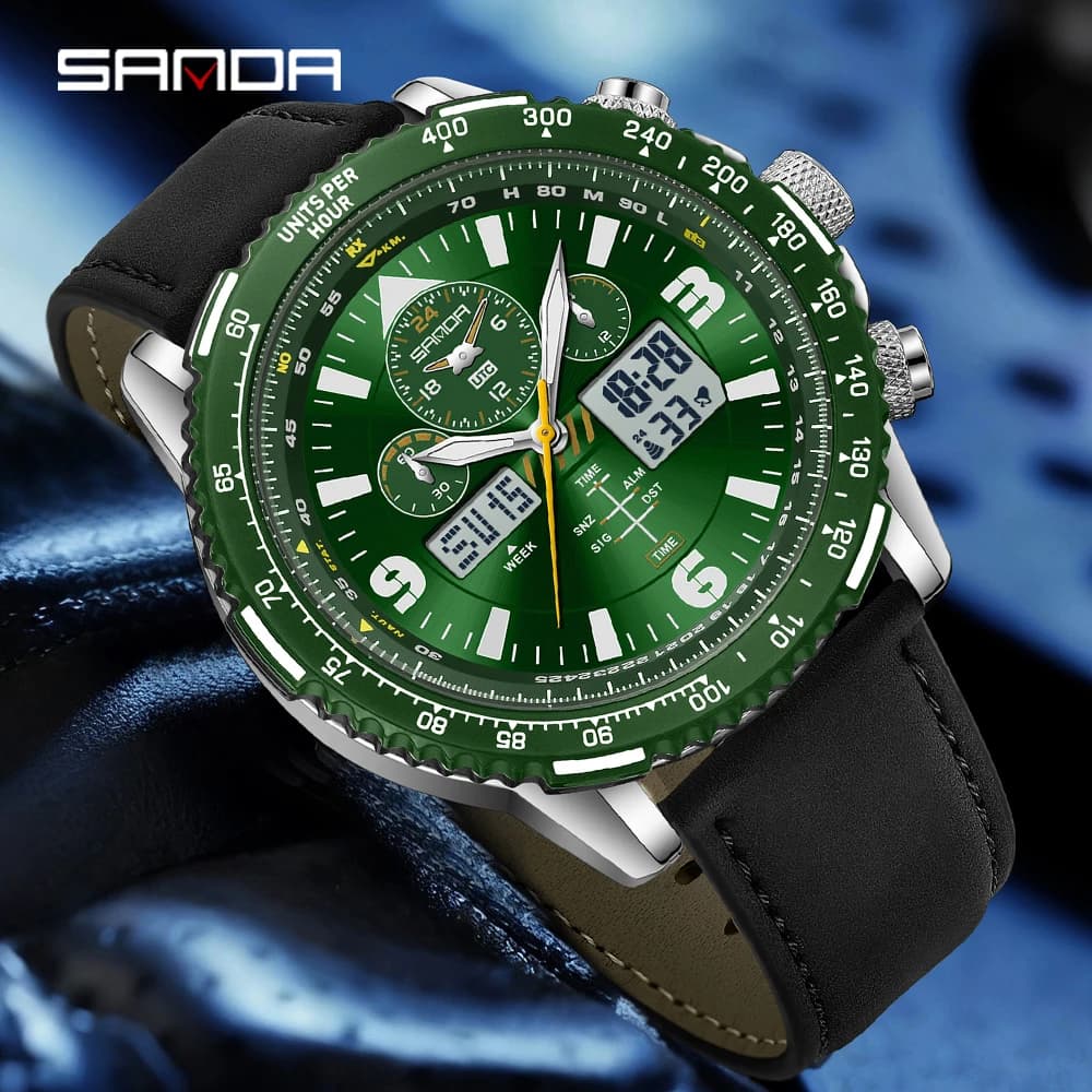 SANDA 2026 orologio da uomo al quarzo elettronico con doppio display, impermeabile 5ATM, luce notturna, cronometro multifunzionale, sveglia
