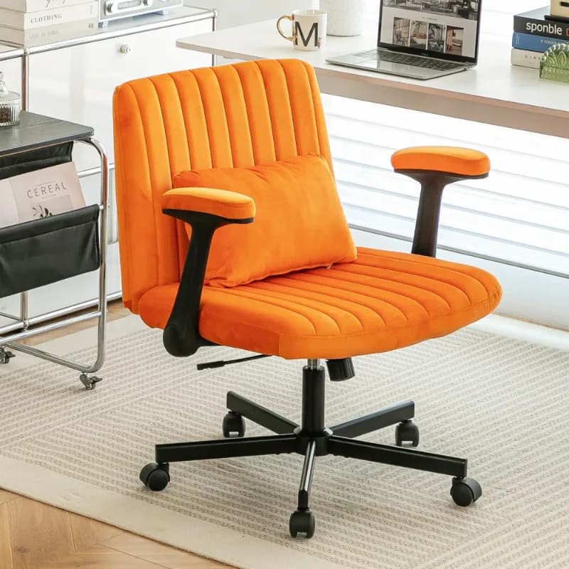 Sedia da ufficio con braccioli incrociati in velluto arancione con ruote elegante per giochi e trucco in ufficio domestico