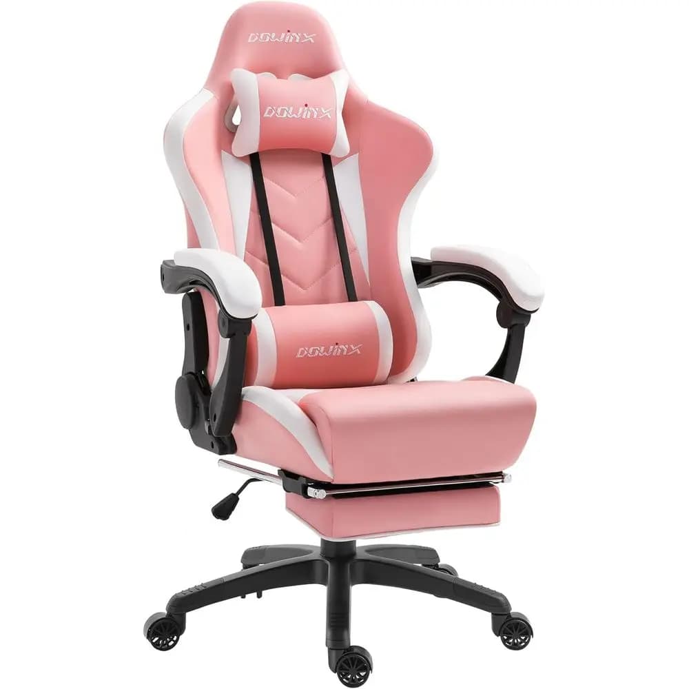 Sedia da Gaming Ergonomica Stile Racing con Massaggio, Supporto Lombare e Poggiapiedi - Rosa e Bianca