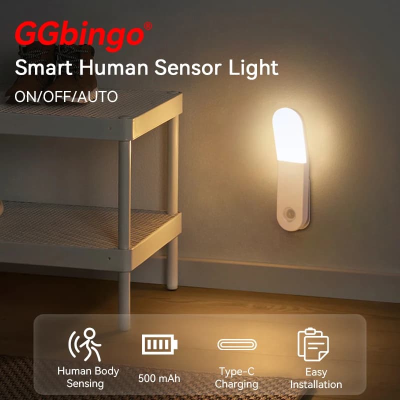 Luce notturna con ricarica a induzione a LED ricaricabile tramite USB con sensore di movimento con rilevamento del corpo umano per camera da letto intelligente dell'armadio delle scale