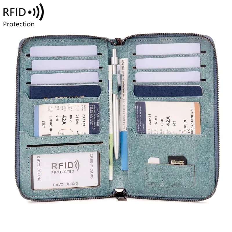 Nuovo Portafoglio RFID da Uomo con Cerniera, Porta Documenti e Passaporto, Borsa Porta Contanti, Portafogli Multifunzionale per Donna