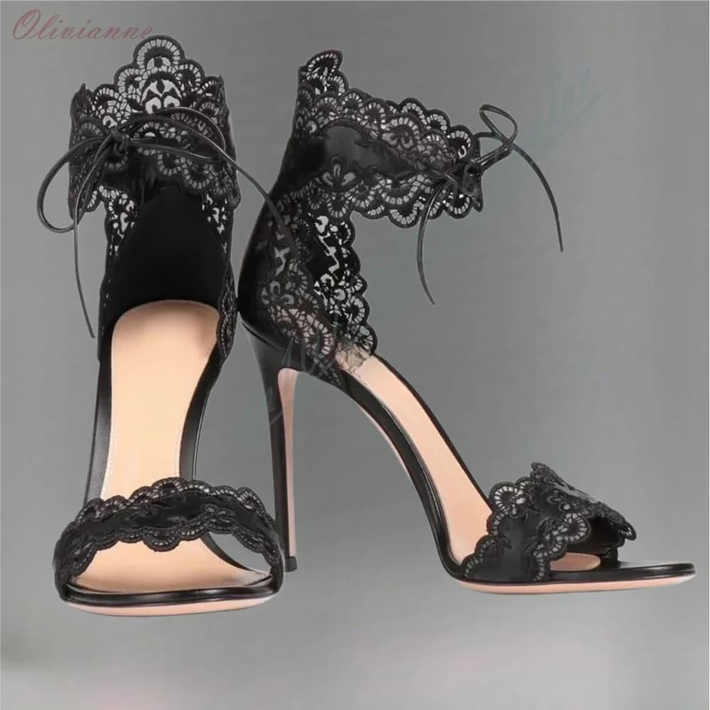 Women Black Floral Lace Ankle Tie Sandals Open Toe Stiletto High Heel Party Dress Heels Summer Wedding Evening Party Shoes