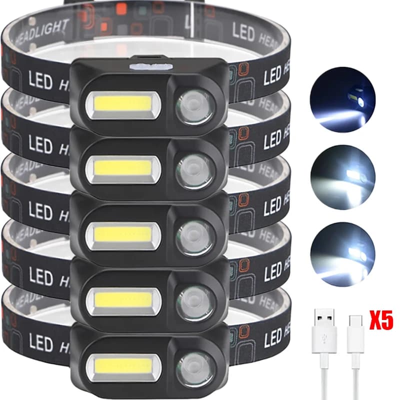 Mini lampada frontale portatile XPE + COB doppia sorgente luminosa USB ricaricabile uso 18650 batteria faro da pesca da campeggio esterno