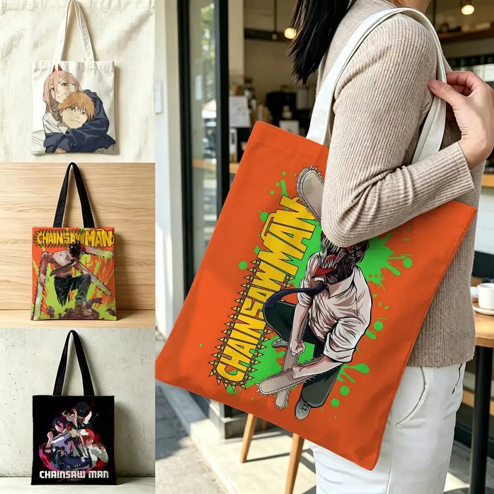 Anime chainsaw man Storage Bags Polyester Canvas Foldable Tote Bag Lightweight Reusable Shopping Shoulder Bag