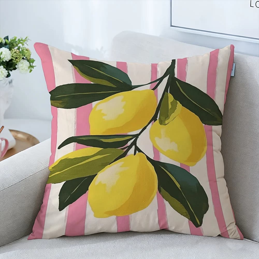 1 pz. Fodera per cuscino decorativa con stampa rami di limone e righe rosa, stile rustico, per divano, camera da letto, soggiorno