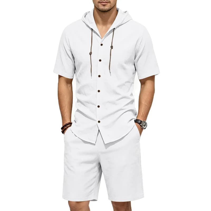 Mens Summer Linen Two Piece Set Loose Solid Hooded Short Sleeve Shirt Shorts Daily Beach Outfit
