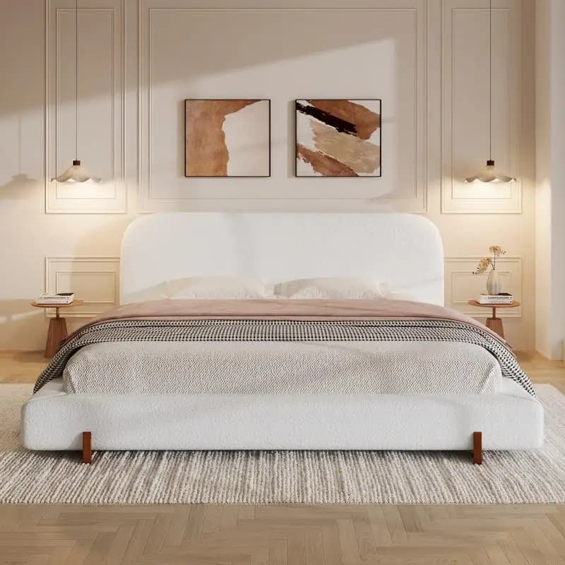 Struttura letto imbottita unica con tessuto bianco e gambe in legno massello, king size