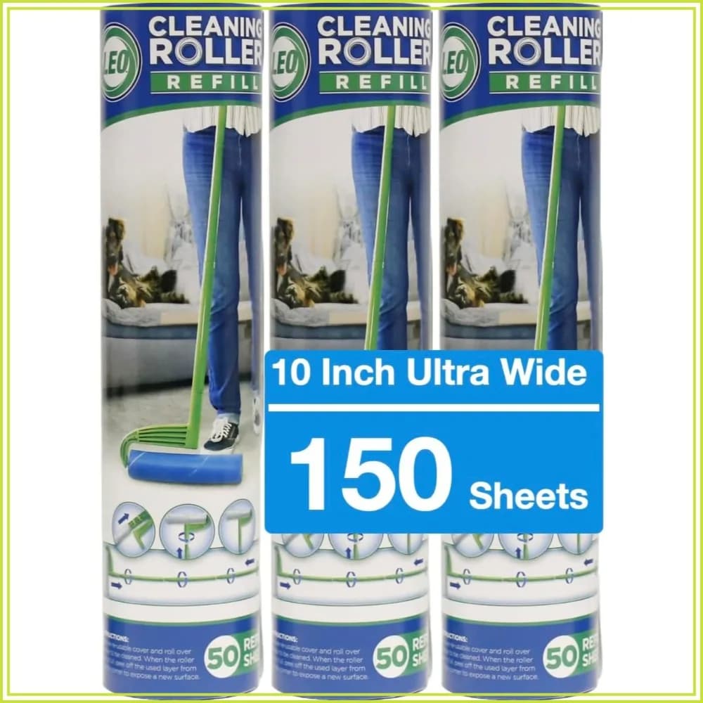 10-Inch Wide Lint Roller Refills, 3 Rolls of 50 Sheets Each (150 Total), Extra Sticky Pet Hair Remover for Carpet & Furniture