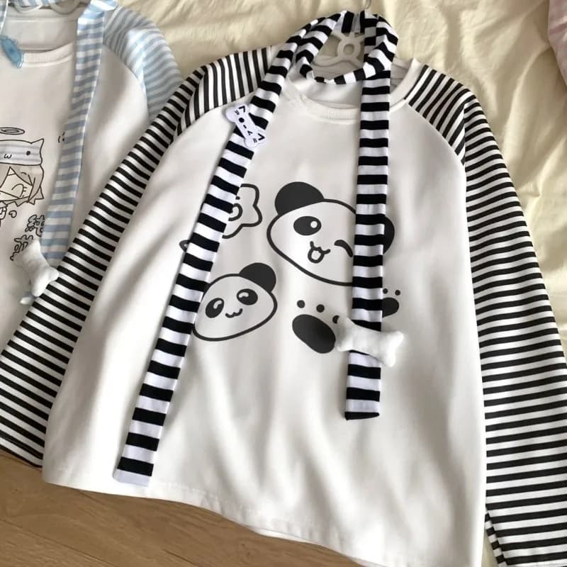 Korean Sweet Black White Striped T-shirts Spring Tee Shirt 2025 New O-neck Cute Panda Print Tops Mujer Sudadera Sweatshirts