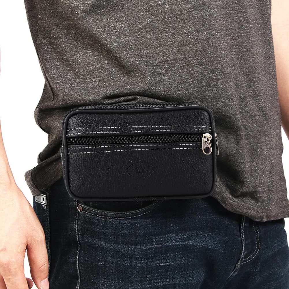 Retro Men PU Belt Bag Double-layer Running Waist Bag Zipper Fitness Belt Pack