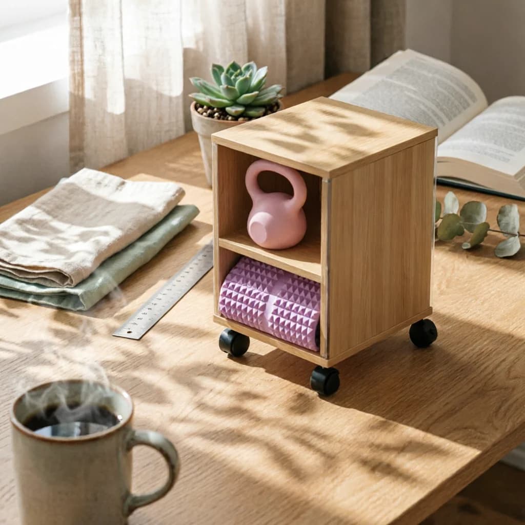 Sports Storage Cabinet Uncovered Shelves Mobile Storage Cabinet Rolling Organizer Compact Wood Grain for Gym