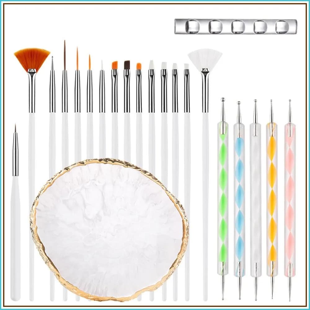 Nail Art Brush 22 Piece Set, 2 Way Acrylic Silicone Pen Dotting Tools Kit, Resin Palette For DIY Home Salon Display Board