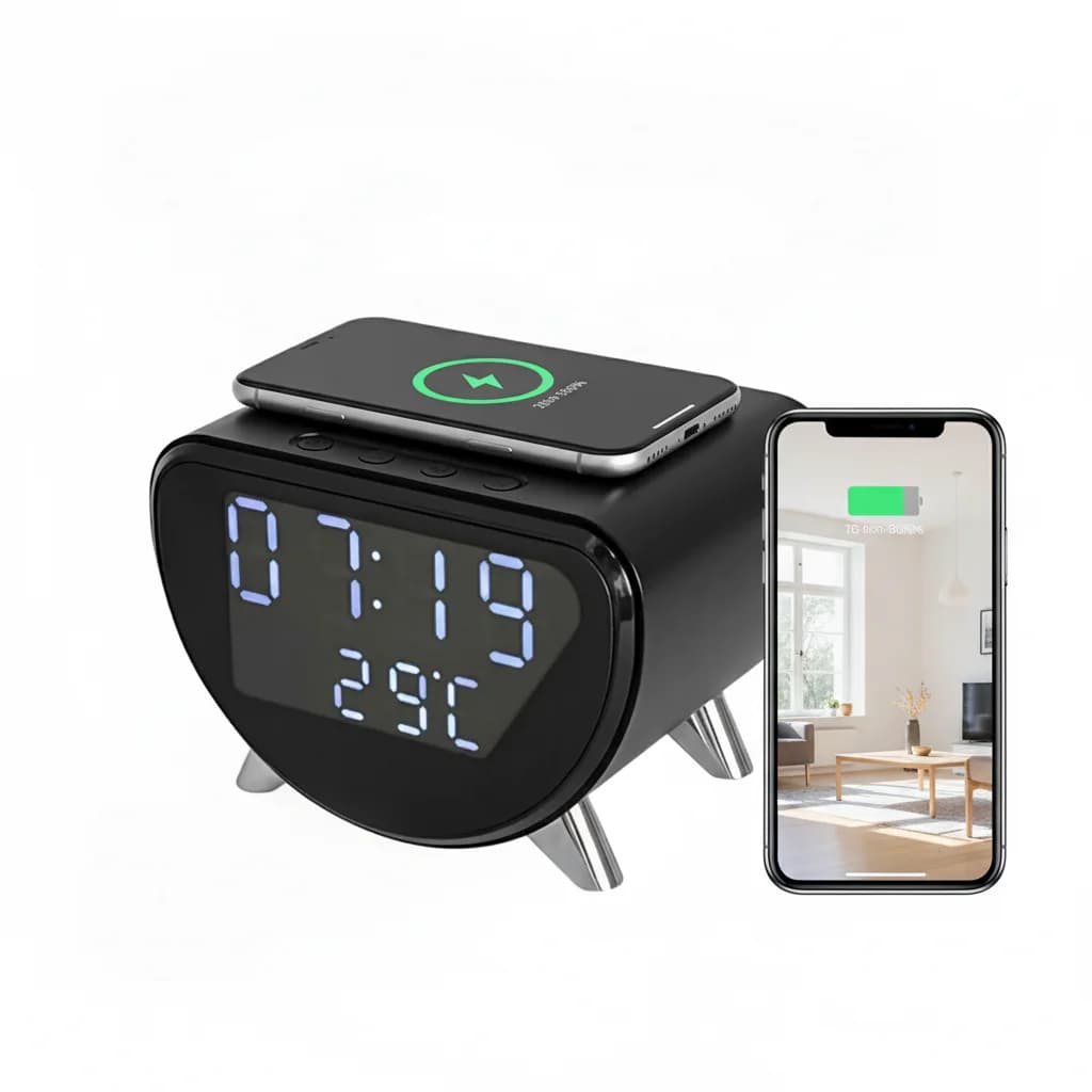 4K UHD WiFi Clock Camera, Indoor Surveillance with Motion Detection, Remote Real-Time View & Video Recording, Qi Wireless Charging Compatible, Suitable for Home Office Warehouse, Elegant Minimalist Design, TF Card Storage (Not Included)