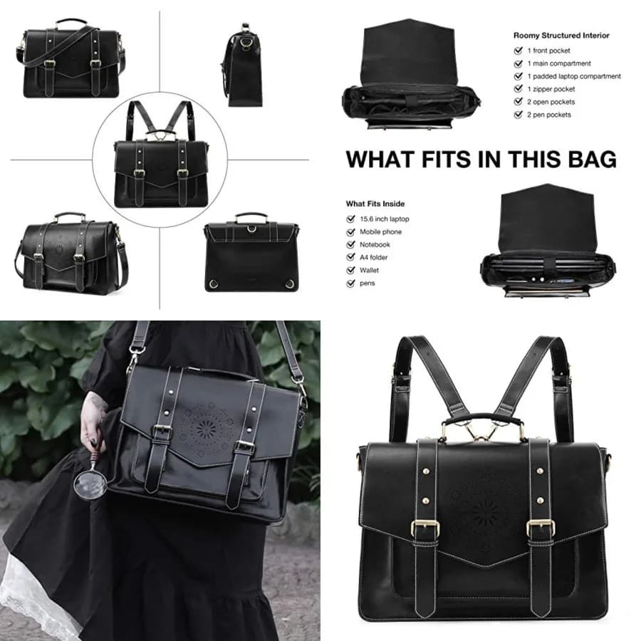 Backpack for Women Briefcase Messenger Laptop Bag Vegan Leather Satchel Work Bags Fits 15.6 inch Laptops, Black