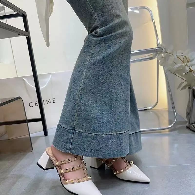 Fashionable Rivet Ladies Sandals Open Toe Half Slip Summer Outdoor Wear Spring Autumn Korean Style Flat Heel Low Cut PU Material