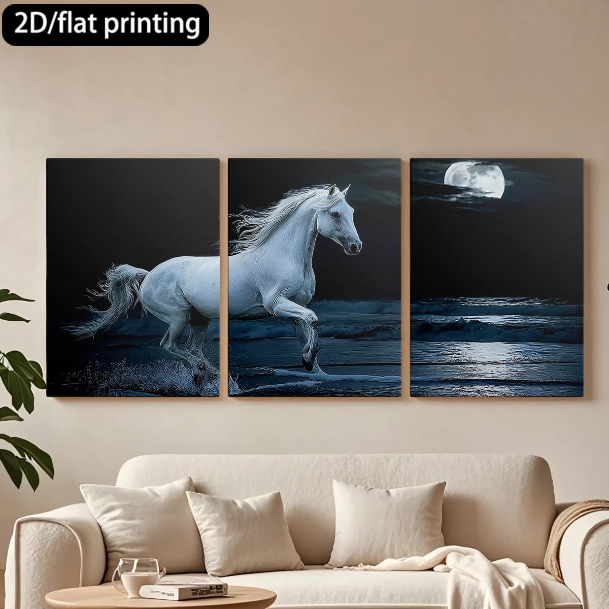 Stampa piatta 2D, quadro decorativo su tela con cornice in legno a 3 pezzi, Cavallo bianco, spiaggia al chiaro di luna. Decorazione per corridoio e camera da letto.