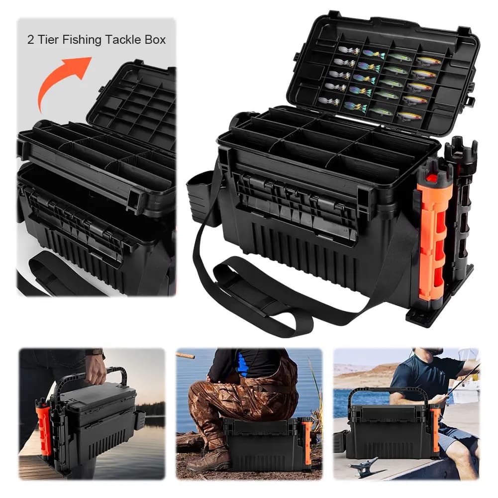 2-level fishing gear box with bucket holder and barrel holder, barrel and reel organizer case, fishing accessories