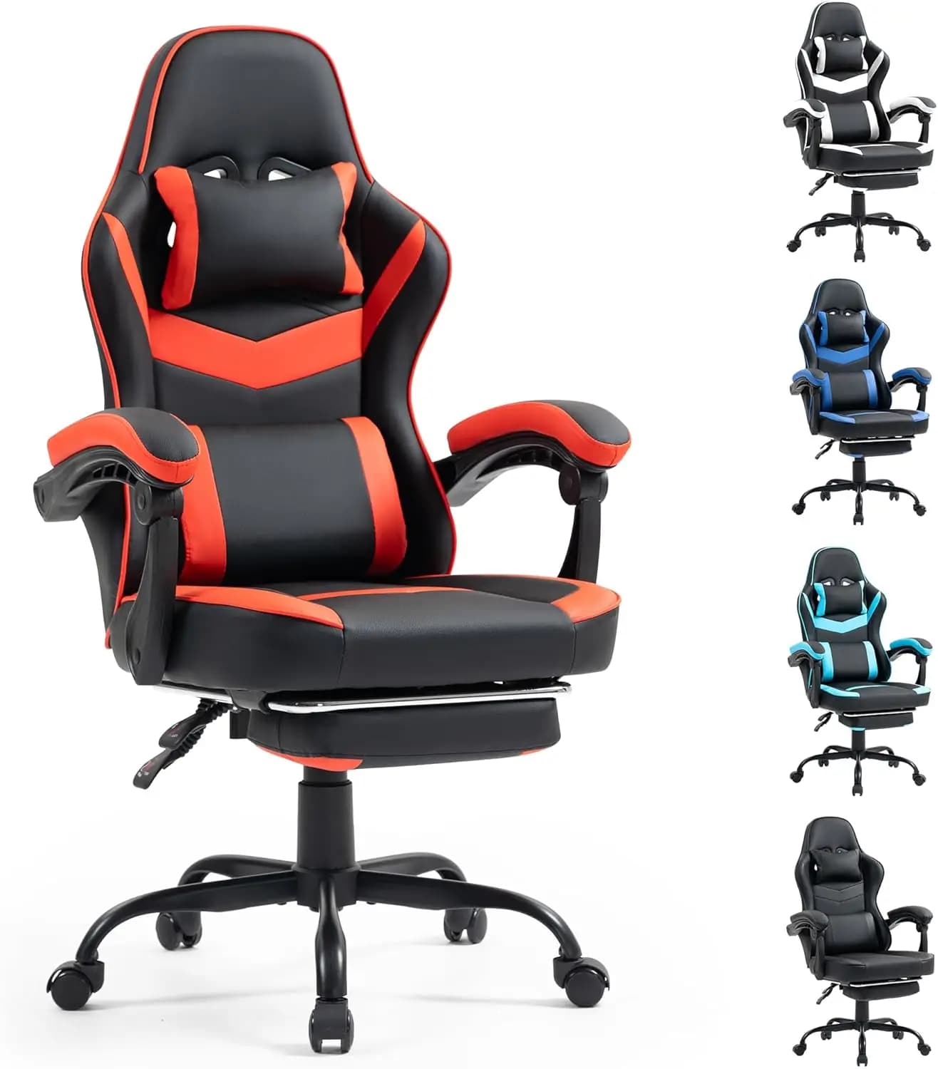 Sedia da gaming con poggiapiedi - Sedia ergonomica reclinabile in pelle PU - Nero/Rosso
