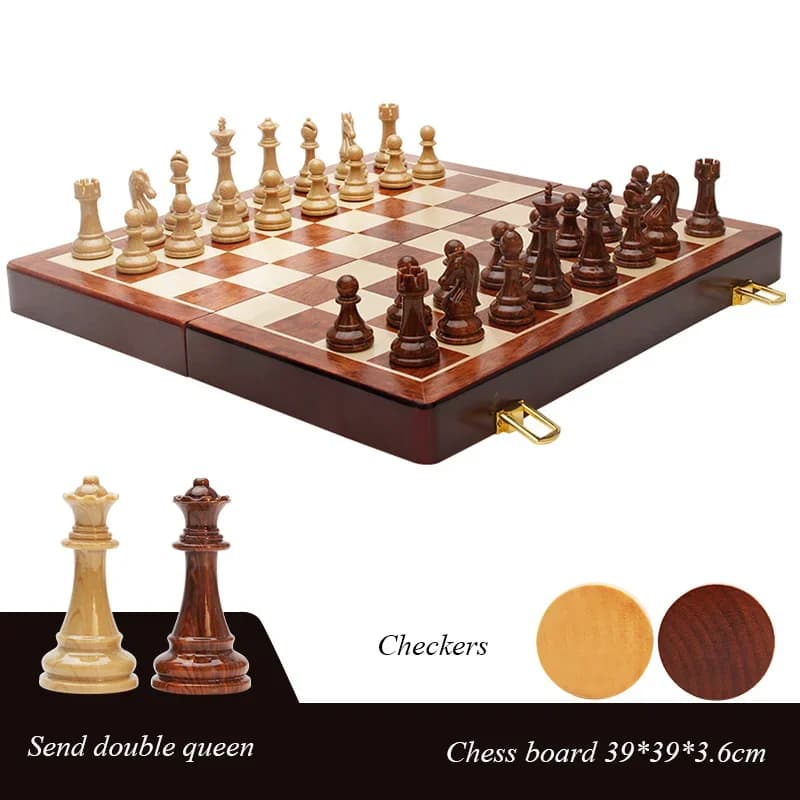 Wooden Chess Checkers Board Game, High Grade Foldable Portable Set with Acrylic Chess Pieces for Home Entertainment